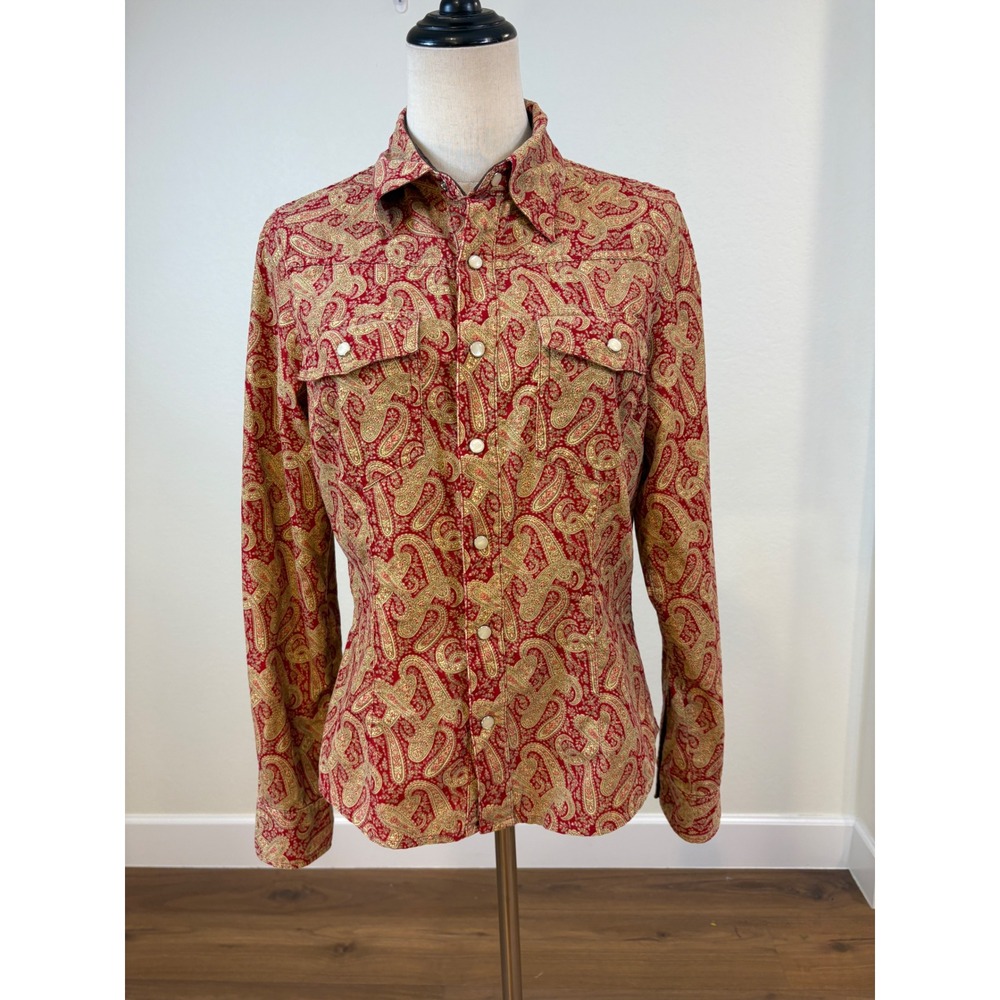 Vtg Tommy Hilfiger Pearl Snap‎ Shirt Women Medium Paisley Corduroy Western Boho
